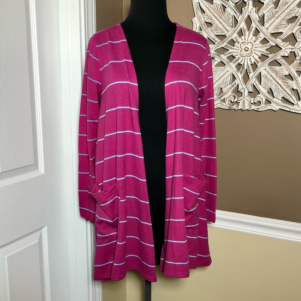 ⭐️ LuLaRoe Caroline Cardigan Magenta Pink w/Powder Blue Stripes Size: SMALL